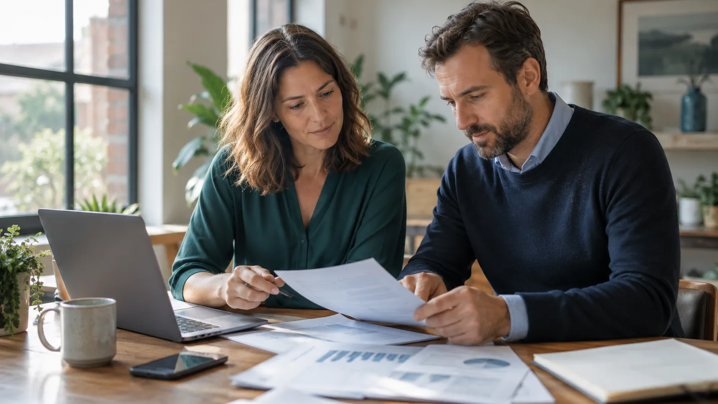 Two small company directors reviewing business accounts at a meeting table.