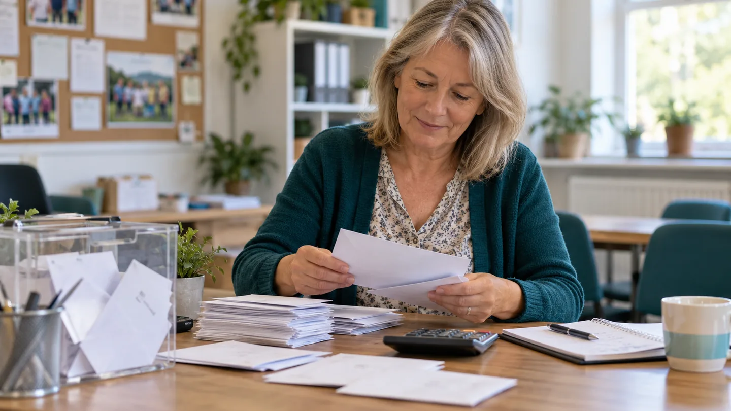 A volunteer charity treasurer counting donation envelopes beside a calculator in a community office.