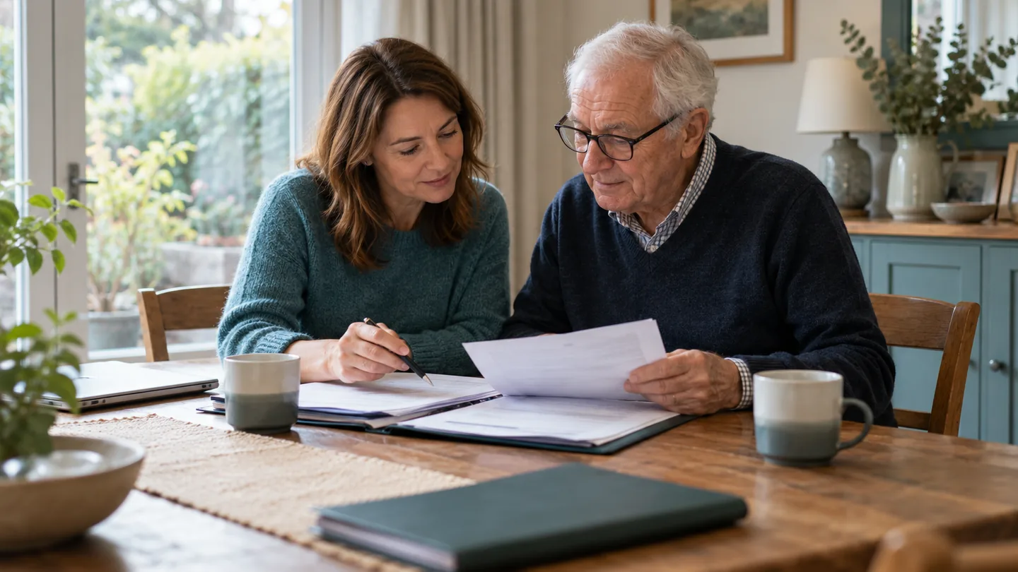 An older parent and adult child calmly organising estate papers at a dining table.